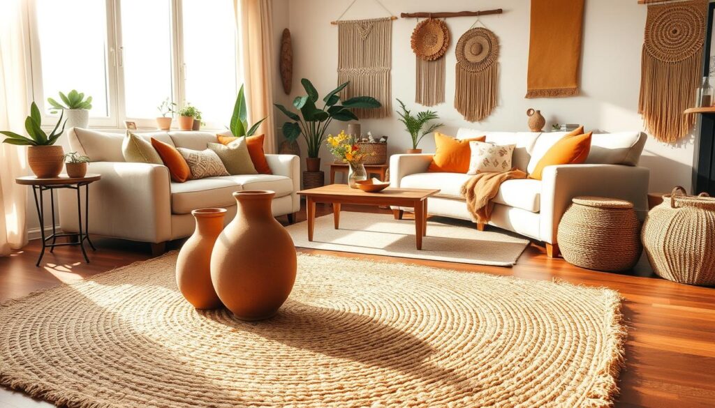 Bohemian design elements with jute rugs and clay vases