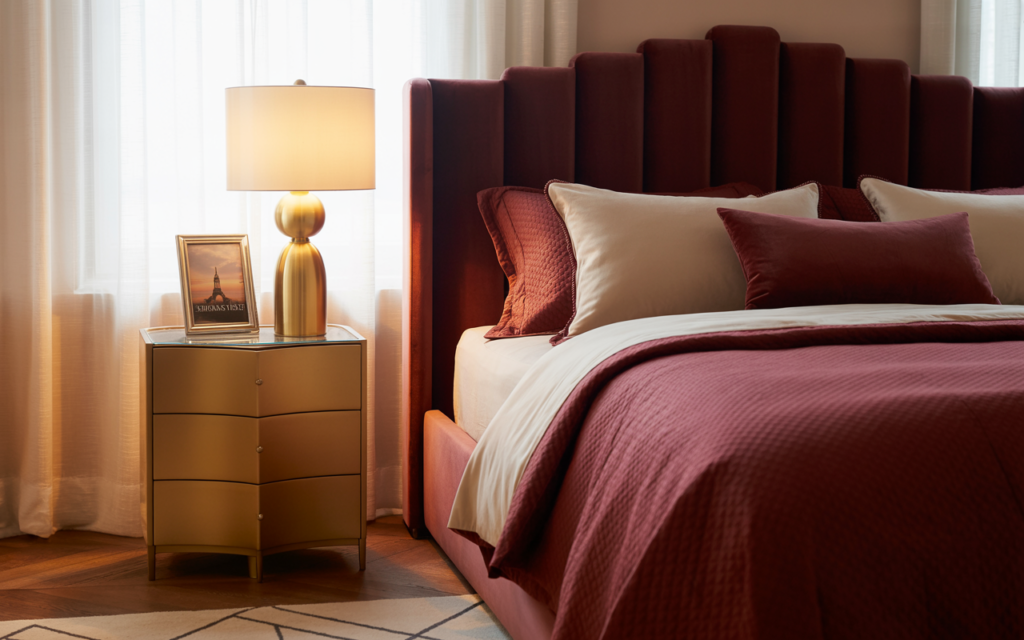 Luxurious modern bedroom with a deep red velvet bed, ivory bedding, gold nightstand, and soft ambient lighting.