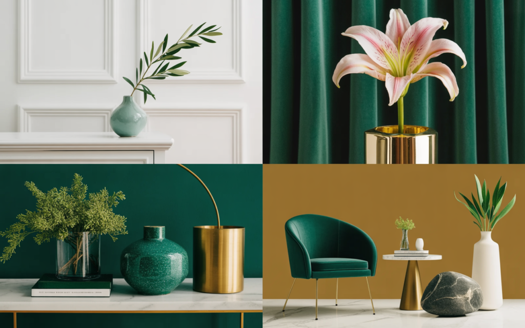 Elegant green and gold home decor flatlay featuring floral vases, modern furniture, and styled botanicals