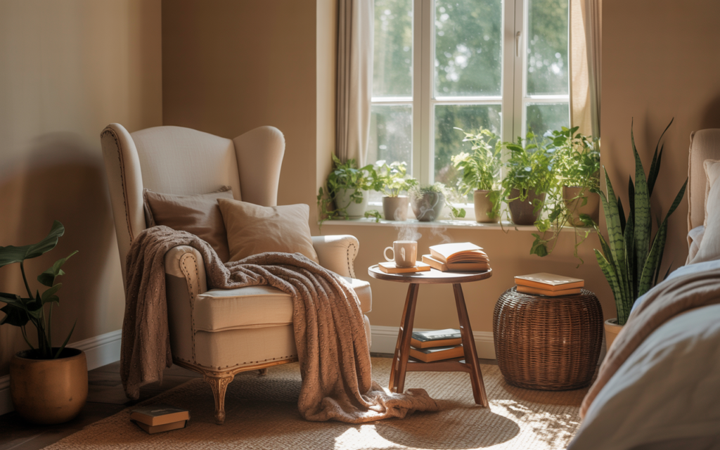 Cozy reading nook in a sunlit bedroom with neutral decor and houseplants
