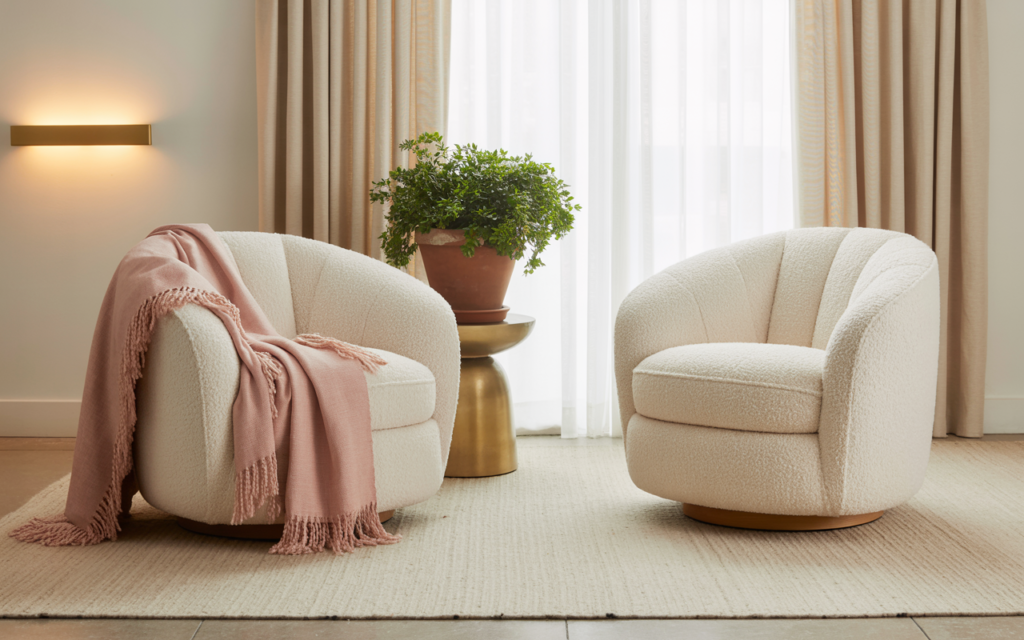 Two cream-colored boucle swivel chairs with a pink throw blanket and a potted plant in a modern, softly lit living space.