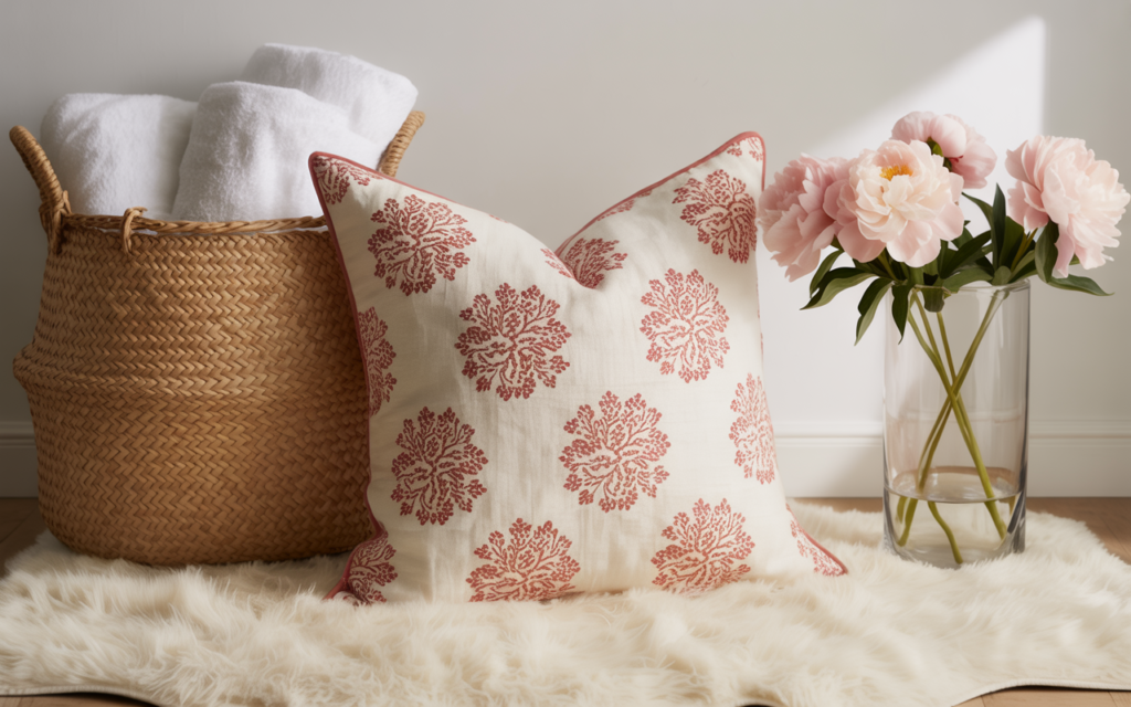 Woven basket with white towels, decorative pillow with red damask pattern, and a glass vase filled with pink peonies on a faux fur rug