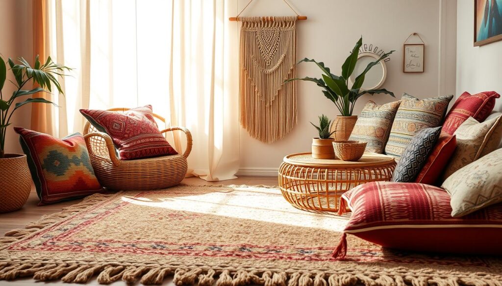 boho living room decor textiles