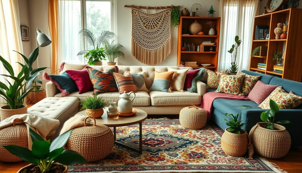 boho living room decor with layered textures