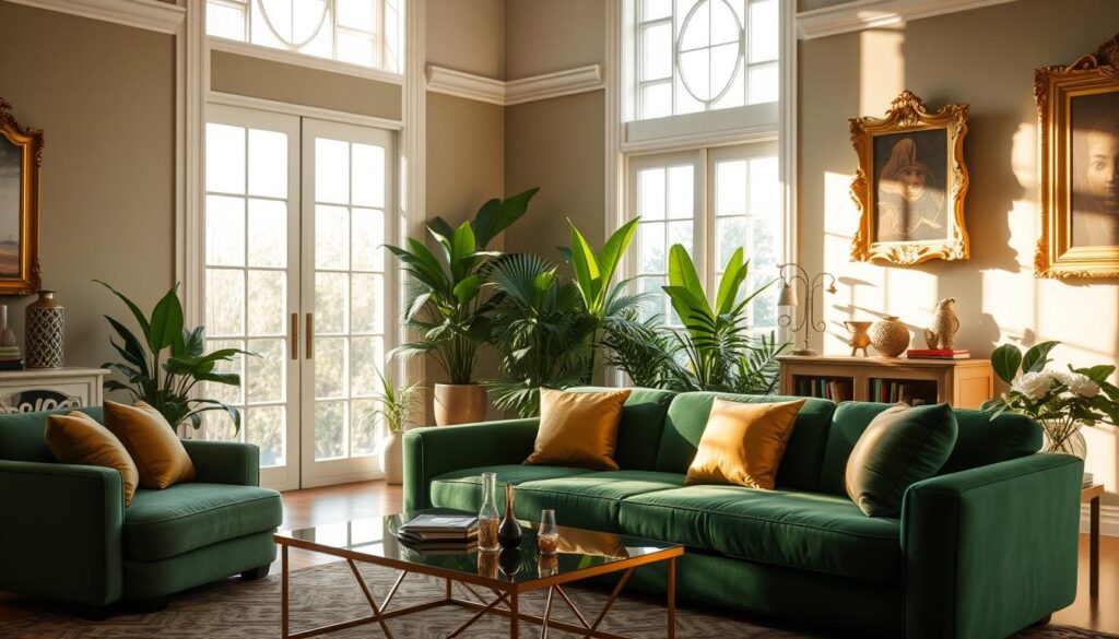 chic home decor trends with green and gold