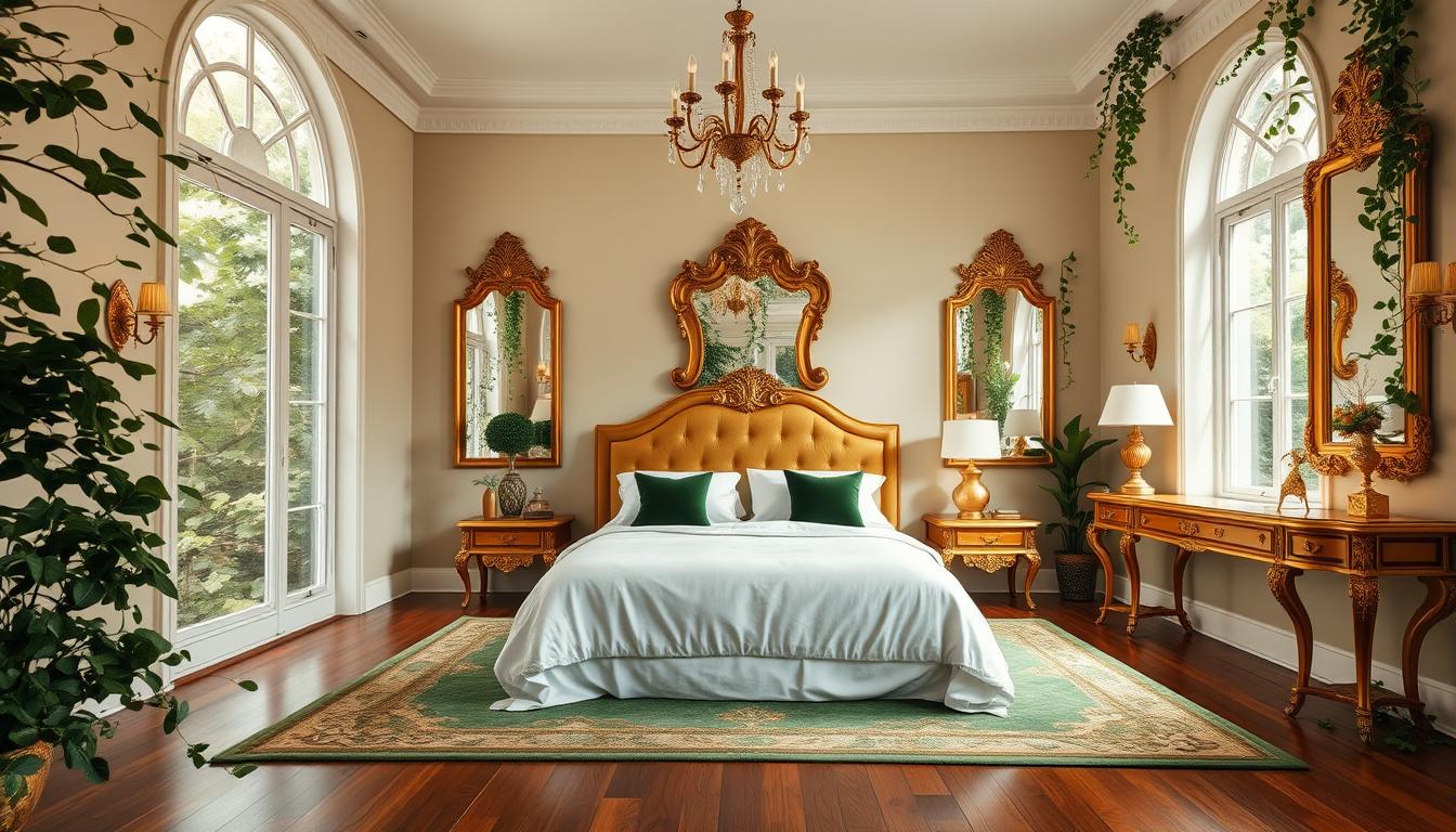 elegant interior design bedroom with green and gold accents