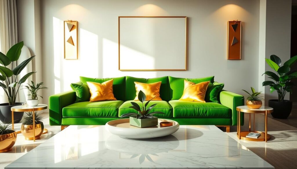 modern green decor with gold accents