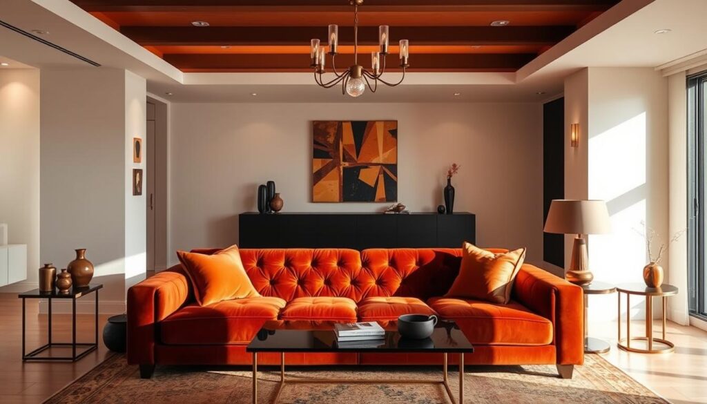 rust velvet couch in modern living room rust velvet couch in modern living room