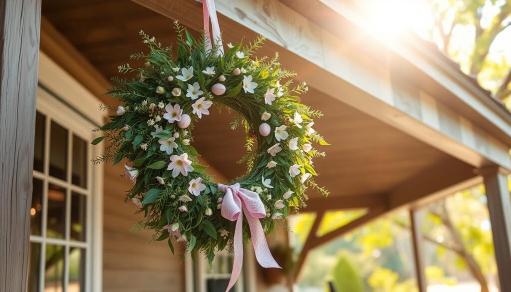 spring wreath diy hanging on a porch